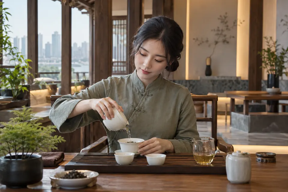 新中式茶席上用盖碗冲泡的品茶场景