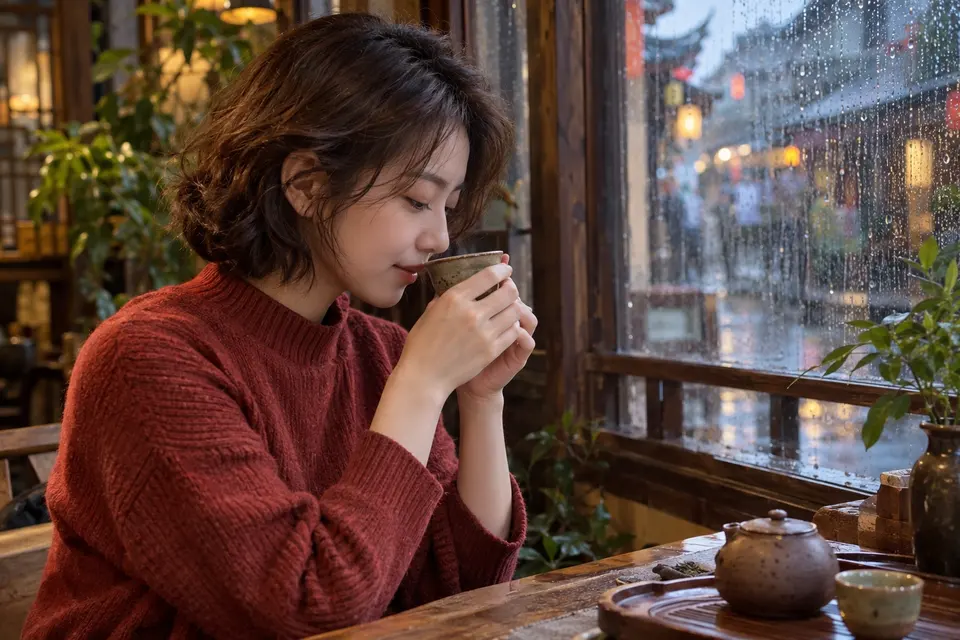 雨天窗边，一位女性在长沙茶室内用陶杯闻香品茶